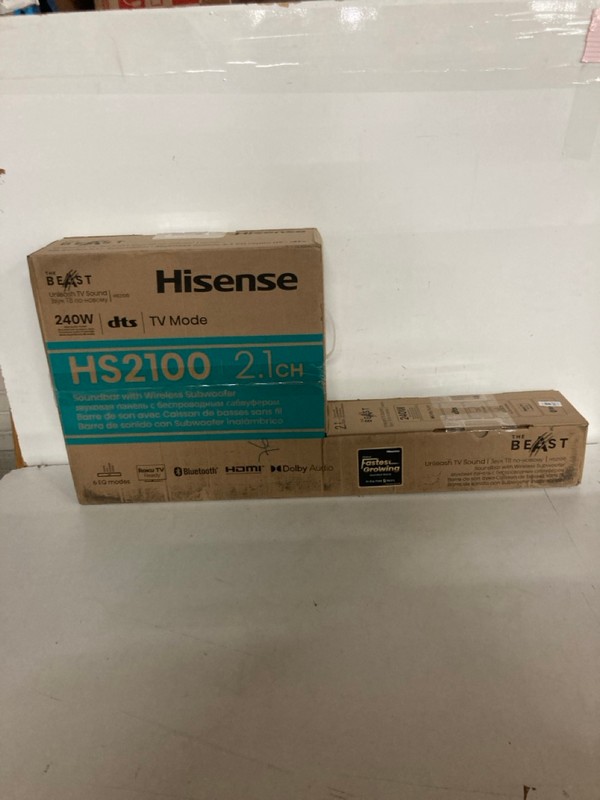 Lot 647  
            Nottingham SR2 - Delivery Only 

                
HISENSE 2.1CH SOUNDBAR WITH WIRELESS SUBWOOFER MODEL NO: HS2100