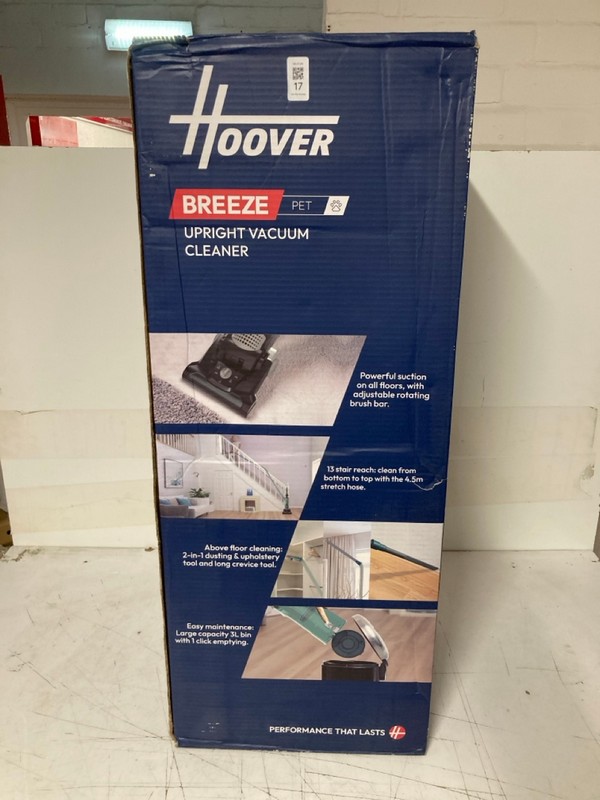 Lot 17  
            Nottingham SR3 - Delivery Only 

                
HOOVER BREEZE PET UPRIGHT VACUUM CLEANER