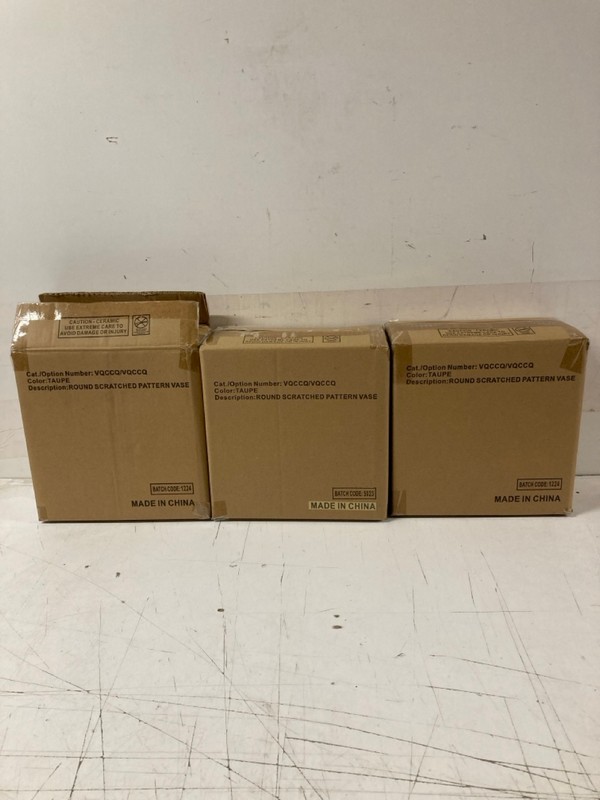 Lot 370  
            Nottingham SR3 - Delivery Only 

                
3 X SHOP DIRECT IRELAND ROUND SCRATCHED PATTERN VASE IN TAUPE