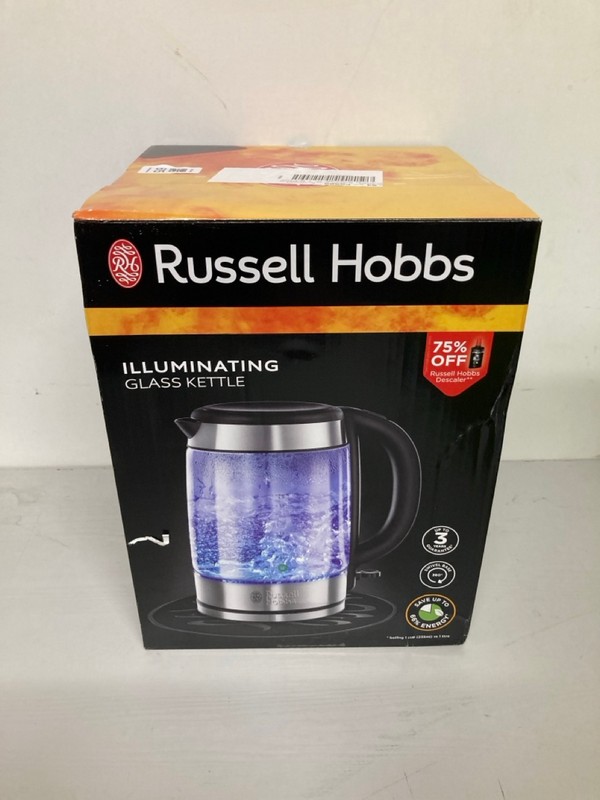 Lot 615  
            Nottingham SR3 - Delivery Only 

                
RUSSELL HOBBS ILLUMINATING GLASS KETTLE