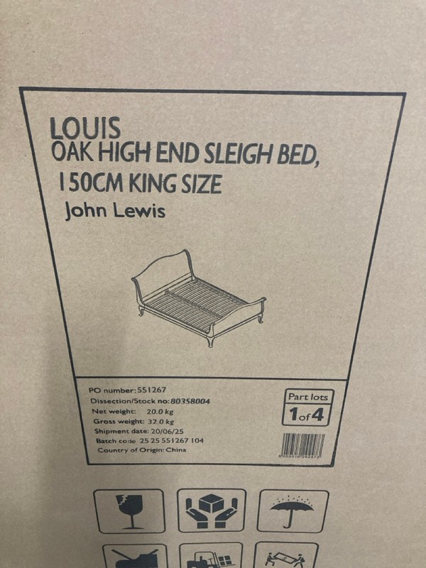 Lot 326  
            Nottingham SR4 - Collection Only 

                
JOHN LEWIS LOUIS OAK HIGH END 150CM SLEIGH BED (UNBUILT) (COLLECTION FROM SITE ONLY)
