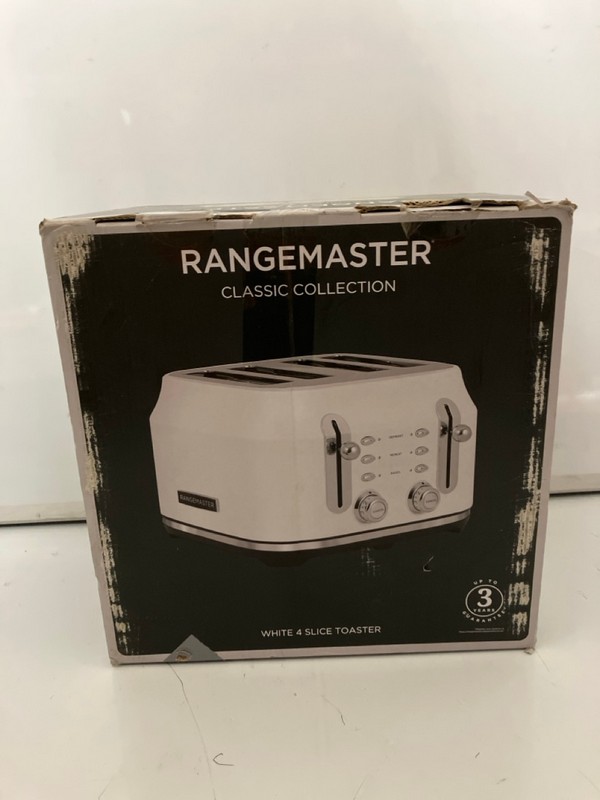 Lot 146  
            Nottingham SR7 - Delivery Only 

                
RANGEMASTER CLASSIC COLLECTION WHITE FOUR-SLICE TOASTER ORIGINAL RRP: £159.00