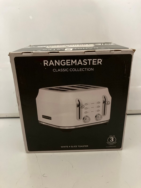 Lot 147  
            Nottingham SR7 - Delivery Only 

                
RANGEMASTER CLASSIC COLLECTION WHITE FOUR-SLICE TOASTER ORIGINAL RRP: £159.00