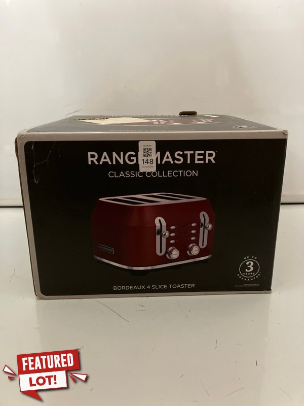 Lot 148  
            Nottingham SR7 - Delivery Only 

                
RANGEMASTER CLASSIC COLLECTION WHITE FOUR-SLICE TOASTER (SEALED) ORIGINAL RRP: £1...