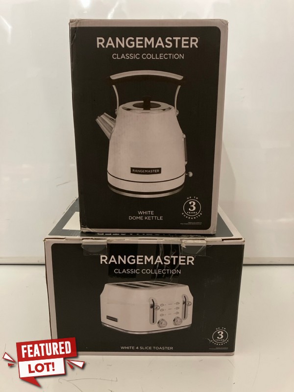 Lot 150  
            Nottingham SR7 - Delivery Only 

                
RANGEMASTER CLASSIC COLLECTION WHITE DOME KETTLE AND FOUR-SLICE TOASTER SET ORIGI...