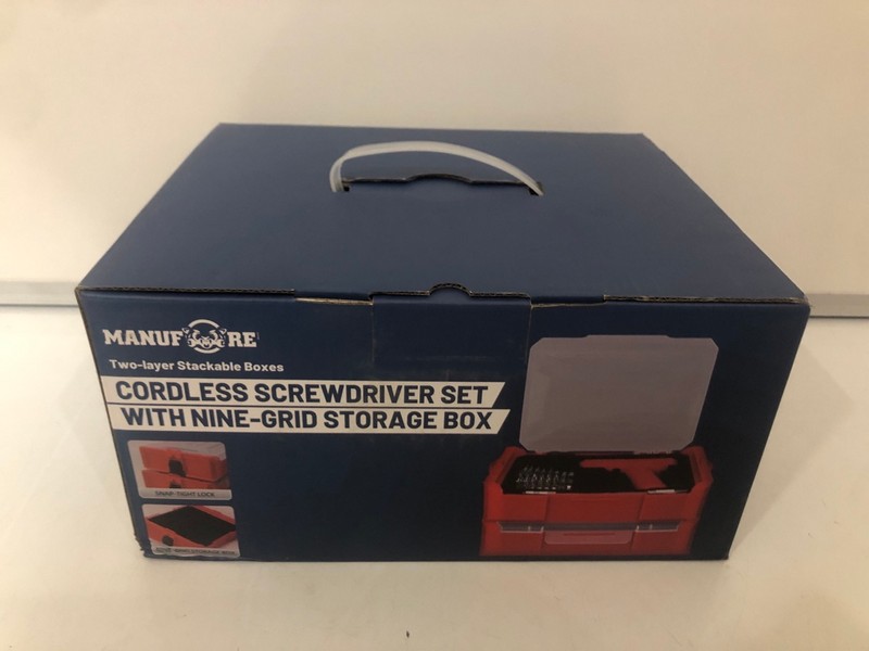 Lot 342  
            Nottingham SR7 - Delivery Only 

                
MANUFORE CORDLESS SCREWDRIVER SET WITH NINE-GRID STORAGE BOX