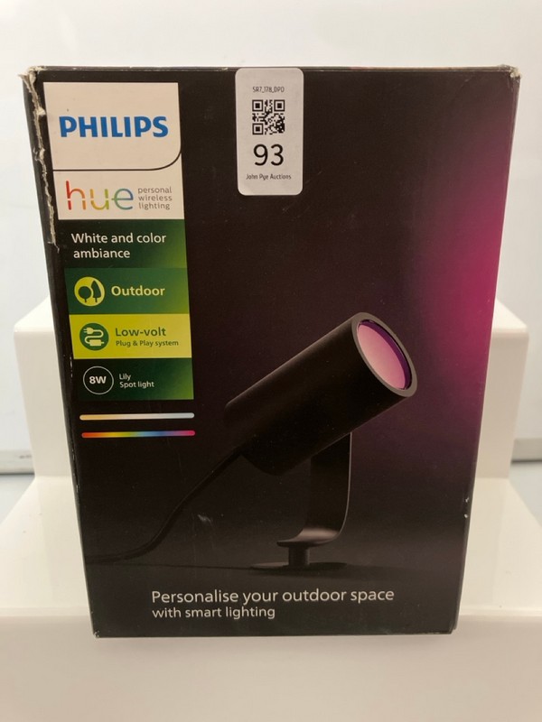 Lot 93  
            Nottingham SR7 - Delivery Only 

                
PHILIPS HUE LILY WHITE AND COLOUR AMBIANCE OUTDOOR SPOT LIGHT ORIGINAL RRP: £99.99