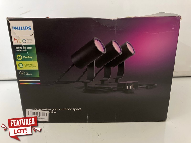 Lot 94  
            Nottingham SR7 - Delivery Only 

                
PHILIPS HUE LILY WHITE AND COLOUR AMBIANCE OUTDOOR SPOT LIGHTS 3PK ORIGINAL RRP: ...