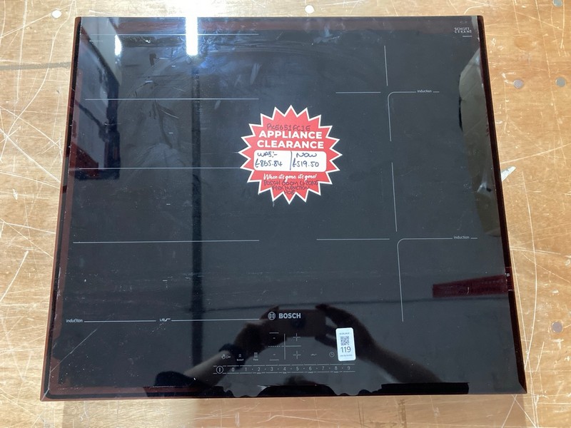 Lot 119  
            Nottingham SR1 - Delivery or Collection 

                
BOSCH 4 BURNER INDUCTION HOB - MODEL - PXE651FC1E/02 - ORIGINAL RRP - £699.99