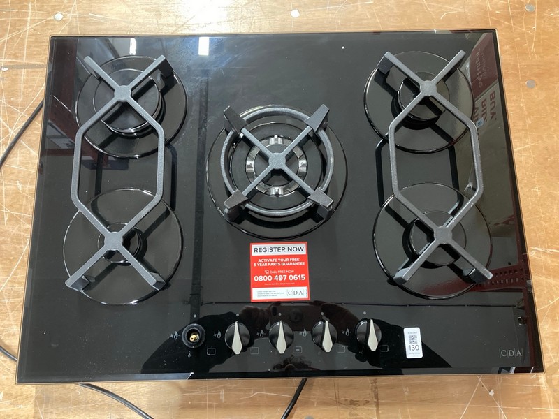 Lot 130  
            Nottingham SR1 - Delivery or Collection 

                
CDA 5 BURNER GAS HOB - MODEL - HVG721BL - ORIGINAL RRP - £329.99