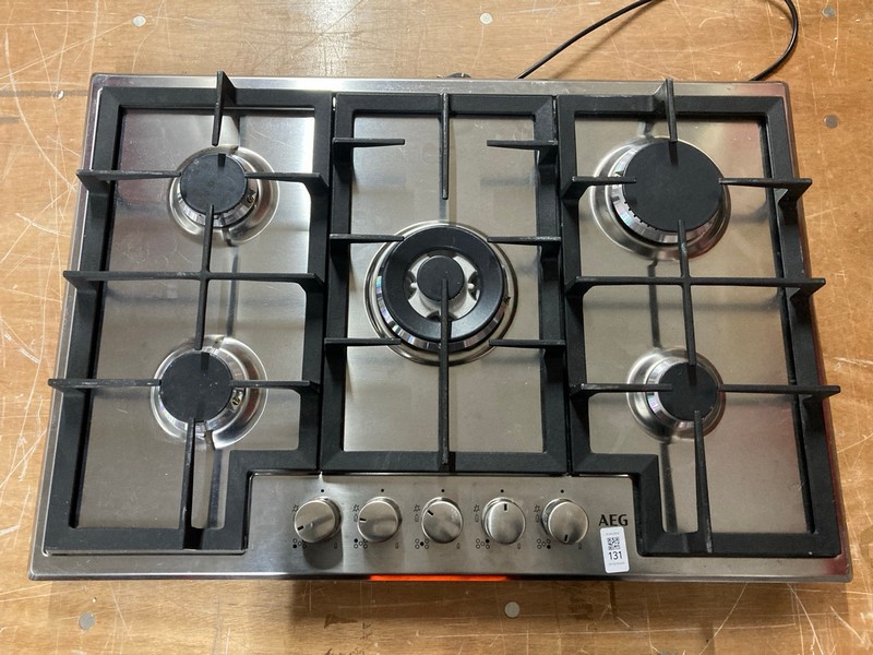 Lot 131  
            Nottingham SR1 - Delivery or Collection 

                
AEG 5 BURNER GAS HOB - MODEL - HGX75400SM - ORIGINAL RRP - £419.99