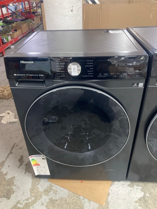 Lot 201  
            Nottingham SR1 - Delivery or Collection 

                
HISENSE CONNECT LIFE AUTO DOSING 10.5KG FREESTANDING WASHING MACHINE MODEL: WF5S1...
