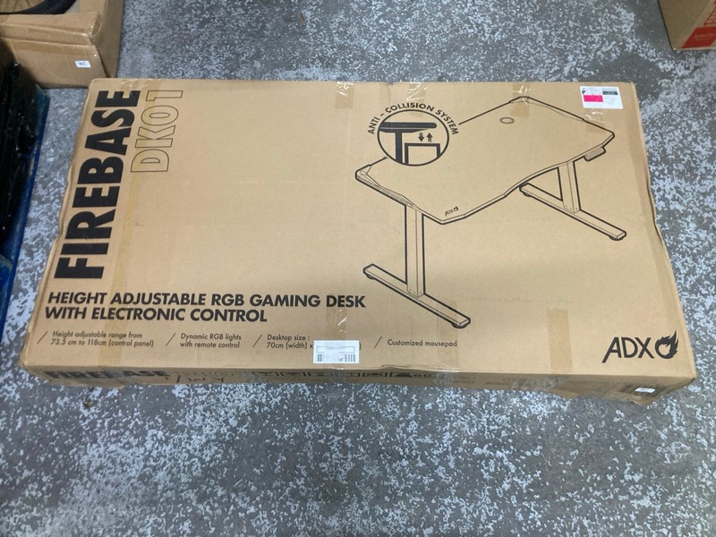 Lot 217  
            Nottingham SR1 - Collection Only 

                
ADX FIREBASE DK01 HEIGHT ADJUSTABLE RGB GAMING DESK