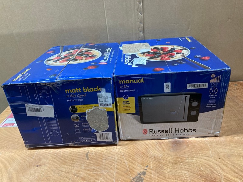 Lot 57  
            Nottingham SR8 - Delivery Or Collection 

                
2 X RUSSELL HOBBS MICROWAVES INC RUSSELL HOBBS 20L MATT BLACK RHMD830MB MICROWAVE