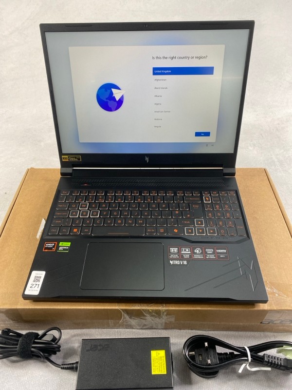 Lot 271  
            Nottingham Prem - Delivery Only 

                
ACER NITRO V 16 512GB LAPTOP: MODEL NO ANV16-41-R3PP (WITH BOX & AC CHARGER). AMD...