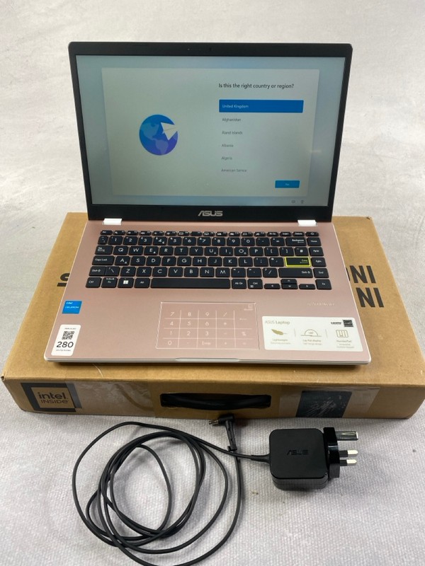 Lot 280  
            Nottingham Prem - Delivery Only 

                
ASUS E410K 64GB LAPTOP IN PINK. (WITH BOX & AC CHARGER). INTEL N4500, 4GB RAM,  [...