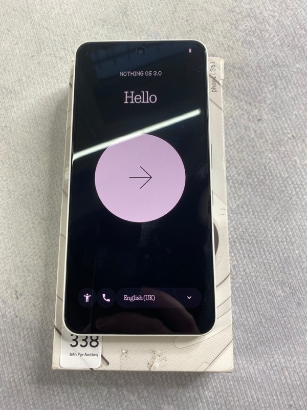 Lot 338  
            Nottingham Prem - Delivery Only 

                
NOTHING PHONE 3A PRO 128GB SMARTPHONE IN WHITE.  [JPTN48406]