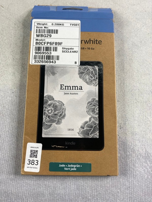 Lot 383  
            Nottingham Prem - Delivery Only 

                
KINDLE PAPERWHITE 16GB TABLET WITH WIFI IN JADE. (WITH BOX)  [JPTN48424]
