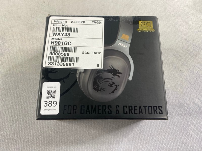 Lot 389  
            Nottingham Prem - Delivery Only 

                
MSI GAMING HEAD PHONES: MODEL NO H901 GC (WITH BOX) [JPTN48464]. THIS P
