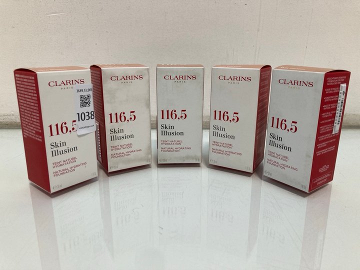 Lot 1038  
            Marchington SR13 - Parcel Delivery Only 

                
5 X CLARINS 30ML 116,5 SKIN ILLUSION NATURAL HYDRATING FOUNDATION IN SHADE 116,5 ...