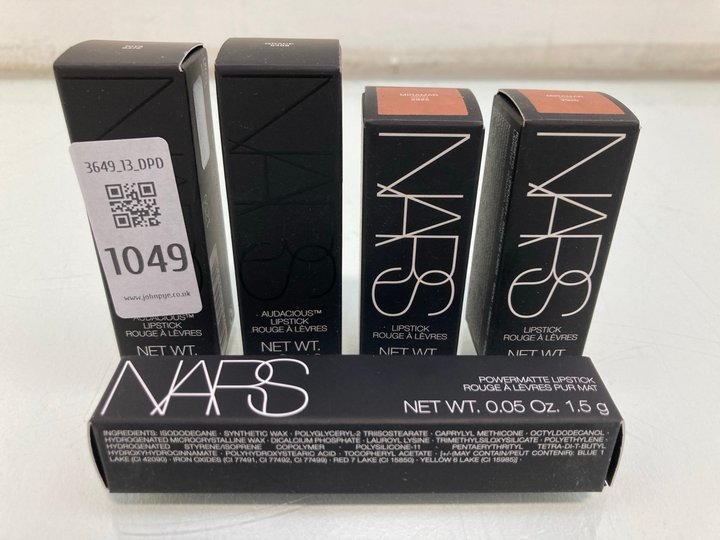 Lot 1049  
            Marchington SR13 - Parcel Delivery Only 

                
5 X ASSORTED NARS MAKE UP TO INCLUDE 4.2G AUDACIOUS LIPSTICK IN SHADE GRACE: LOCA...