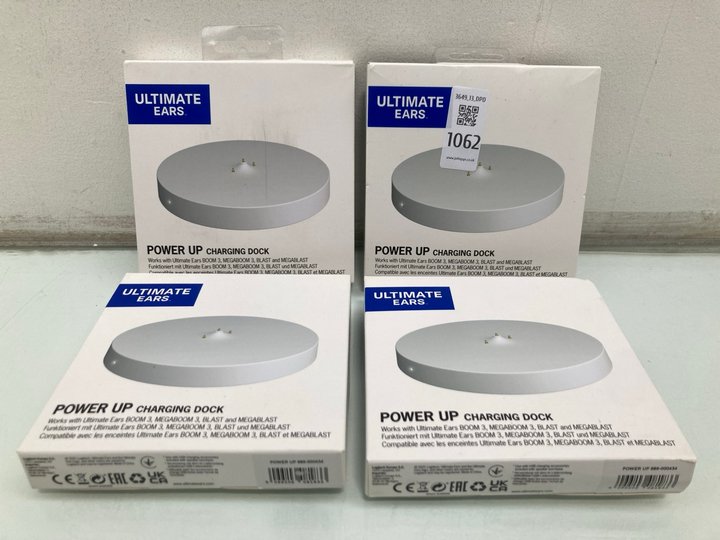 Lot 1062  
            Marchington SR13 - Parcel Delivery Only 

                
4 X ULTIMATE EARS POWER UP CHARGING DOCKS IN WHITE: LOCATION - G1