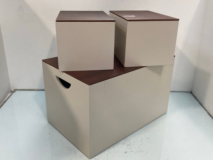 Lot 1153  
            Marchington SR13 - Parcel Delivery Only 

                
3 X JOHN LEWIS & PARTNERS SMALL & MEDIUM LACQUERED STORAGE BOXES IN BEIGE WITH DA...
