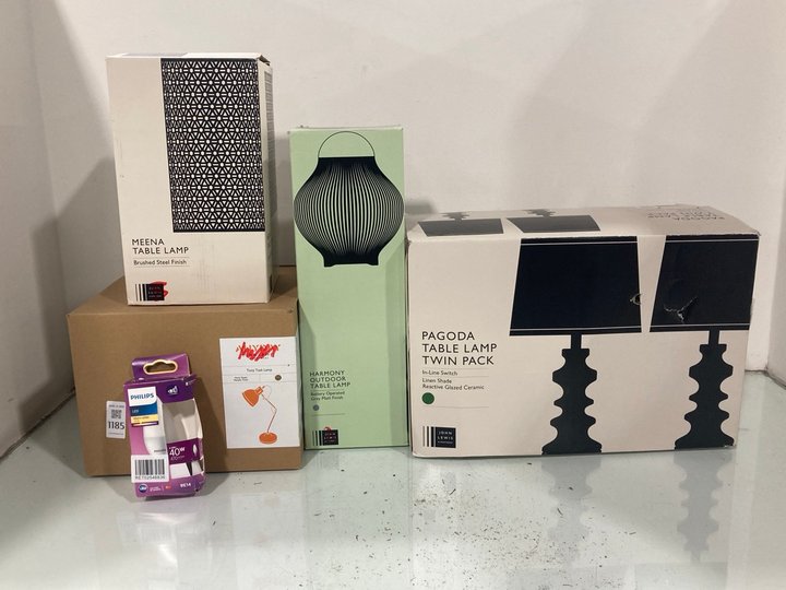 Lot 1185  
            Marchington SR13 - Parcel Delivery Only 

                
5 X ASSORTED LIGHTING TO INCLUDE JOHN LEWIS & PARTNERS PAGODA TWIN PACK TABLE LAM...