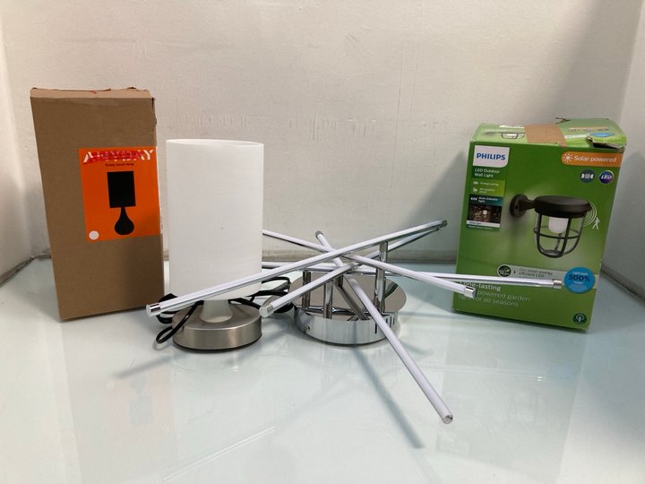Lot 1213  
            Marchington SR13 - Parcel Delivery Only 

                
4 X ASSORTED LIGHTING TO INCLUDE PHILIPS LED OUTDOOR WALL LIGHT NI BLACK - SOLAR ...
