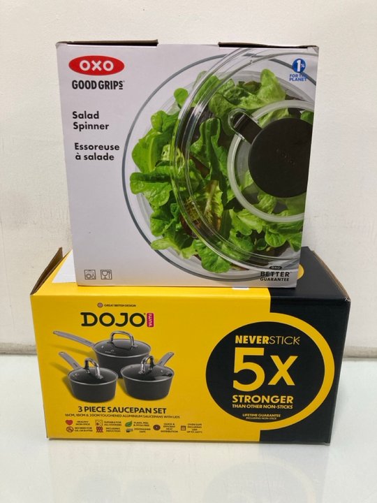 Lot 1227  
            Marchington SR13 - Parcel Delivery Only 

                
DOJO NEVERSTICK 3 PIECE SAUCEPAN SET TO INCLUDE OXO GOOD GRIPS SALAD SPINNER: LOC...