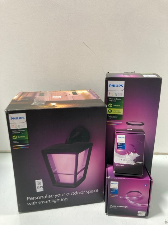Lot 1249  
            Marchington SR13 - Parcel Delivery Only 

                
4 X ASSORTED PHILIPS LIGHTING ITEMS TO INCLUDE HUE WHITE & COLOUR AMBIENCE OUTDOO...