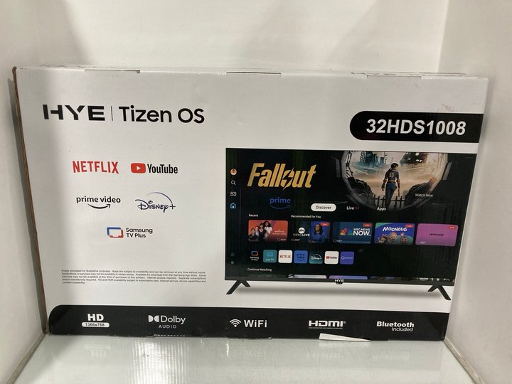 Lot 1334  
            Marchington SR13 - Parcel Delivery Only 

                
HYE TIZEN OS FULL HD 32 INCH TELEVISION - MODEL: 32HDS1008 (SEALED) - ORIGINAL RR...