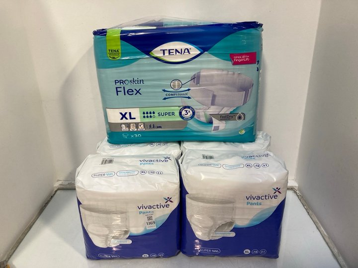 Lot 1369  
            Marchington SR13 - Parcel Delivery Only 

                
4 X VIVACTIVE 12 PACK SUPER INCONTINENCE PANTS - SIZE XL TO INCLUDE TENA 30 PACK ...