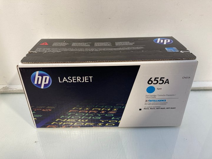 Lot 1381  
            Marchington SR13 - Parcel Delivery Only 

                
HP LASERJET CF451A 655A PRINT CARTRIDGE IN CYAN (SEALED) - ORIGINAL RRP £335: LOC...
