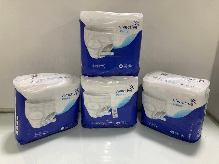 Lot 1389  
            Marchington SR13 - Parcel Delivery Only 

                
4 X VIVACTIVE 12 PACK SUPER INCONTINENCE PANTS - SIZE XL: LOCATION - F12