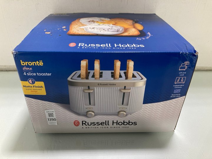 Lot 1390  
            Marchington SR13 - Parcel Delivery Only 

                
RUSSELL HOBBS BRONTE 4 SLICE TOASTER IN STONE: LOCATION - F12