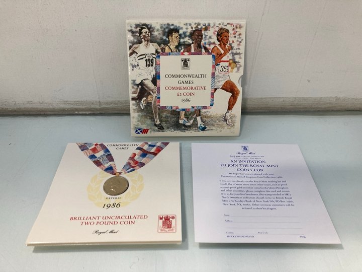Lot 1410  
            Marchington SR13 - Parcel Delivery Only 

                
COMMONWEALTH GAMES LONDON 1986 COMMEMORATIVE TWO POUND COIN BRILLIANT AND UNICRCU...