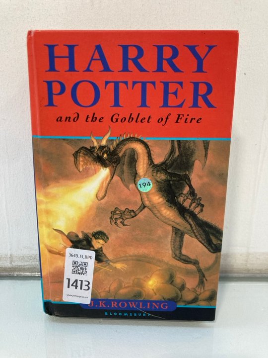 Lot 1413  
            Marchington SR13 - Parcel Delivery Only 

                
J.K. ROWLING FIRST EDITION HARDBACK BOOK , "HARRY POTTER AND THE GOBELT OF FIRE":...