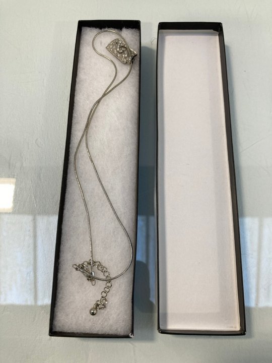 Lot 1429  
            Marchington SR13 - Parcel Delivery Only 

                
SILVER COLOURED PENDANT AND CHAIN, WITH BOX: LOCATION - F11