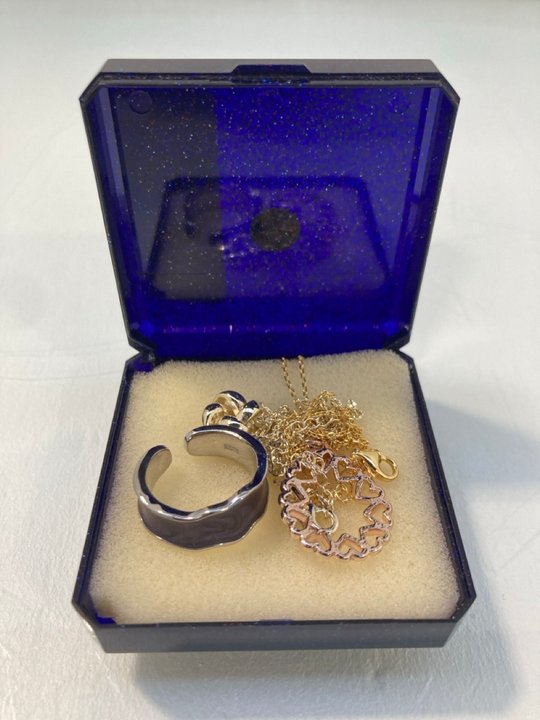 Lot 1430  
            Marchington SR13 - Parcel Delivery Only 

                
A BOX WITH TWO PENDANTS AND CHAINS AND A SILVER COLOURED ENAMELLED RING: LOCATION...