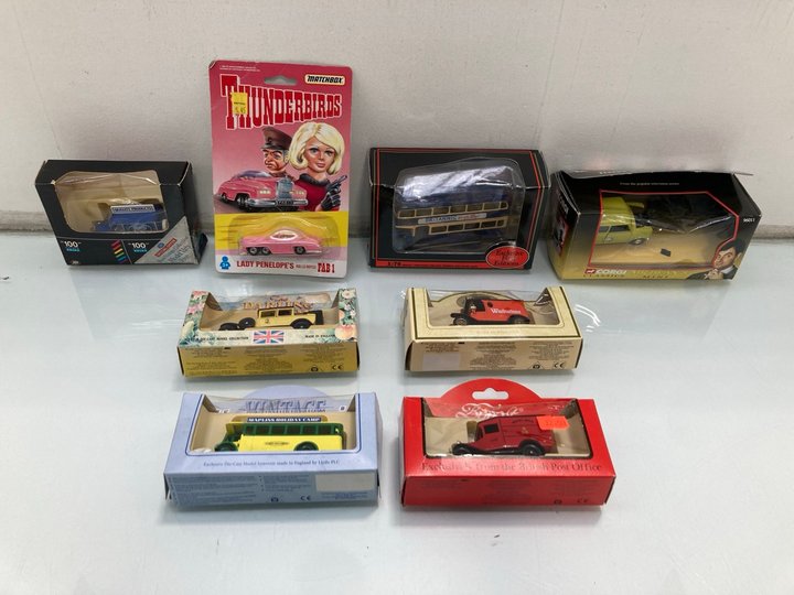 Lot 1483  
            Marchington SR13 - Parcel Delivery Only 

                
EIGHT ASSORTED VINTAGE DIE CAST MODEL VEHICLES, ALL WITH BOX: LOCATION - F10