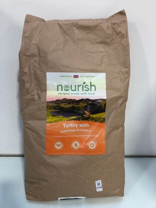 Lot 1544  
            Marchington SR13 - Parcel Delivery Only 

                
13.5 KG BAG OF NOURISH COMPLETE FEED FOR WORKING & SPORTING ADULT DOGS WITH TURKE...