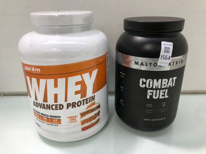 Lot 1564  
            Marchington SR13 - Parcel Delivery Only 

                
MALTEDROXIN 100 SERVING UNFLAVOURED COMBAT FUEL TO INCLUDE 2010G TUB OF WHEY ADVA...