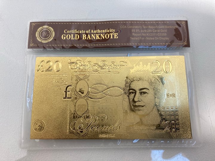 Lot 941  
            Marchington SR13 - Parcel Delivery Only 

                
A 24 CARAT GOLD BRITISH BANKNOTE, £20 (WITH LABORATORY TEST REPORT CERTIFICATE OF...