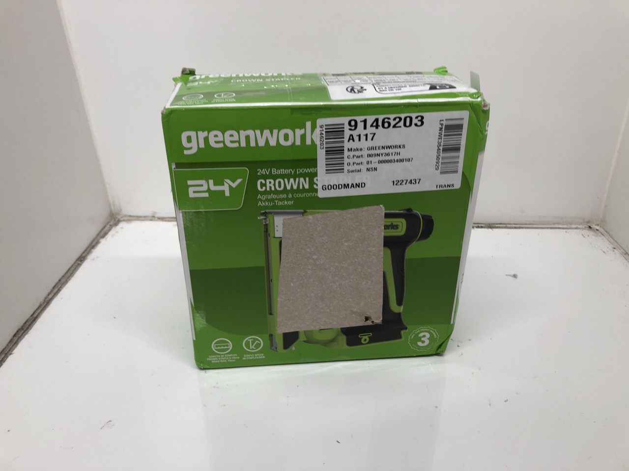 Lot 593  
            Edinburgh SR24 - Delivery Only 

                
GREENWORKS G24CS10 CORDLESS CROWN STAPLER, 60PCS/MIN FOR U-TYPE 6-14MM OR T-TYPE ...