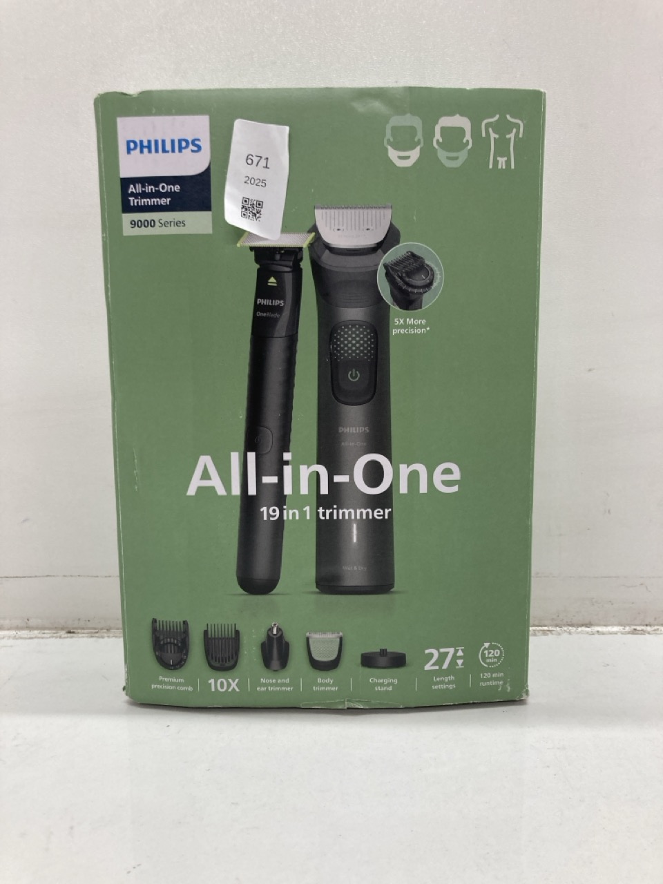 Lot 671  
            Edinburgh SR24 - Delivery Only 

                
PHILIPS MULTIGROOM 9000 SERIES ALL-IN-ONE 19-PIECE TRIMMER, SHAVER & CLIPPER + ON...