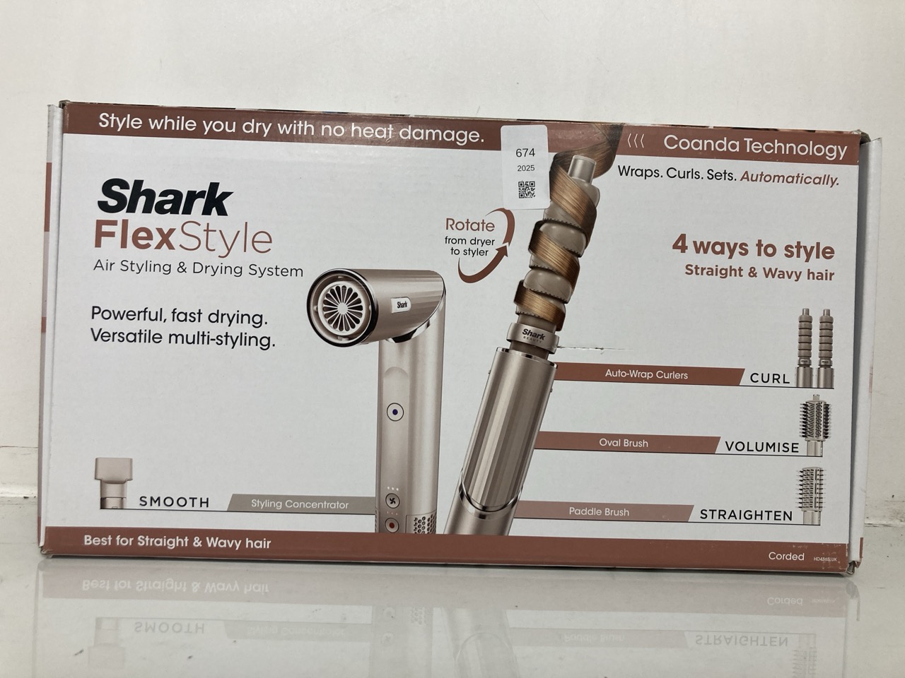 Lot 674  
            Edinburgh SR24 - Delivery Only 

                
SHARK FLEXSTYLE 4-IN-1 AIR STYLER & HAIR DRYER WITH AUTO-WRAP CURLERS, PADDLE BRU...