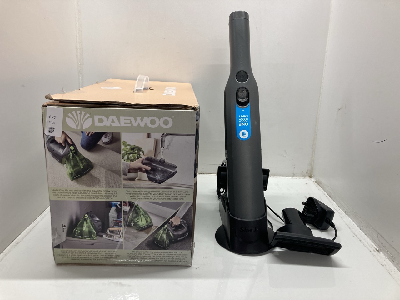 Lot 677  
            Edinburgh SR24 - Delivery Only 

                
DAEWOO STAIRMASTER CORDED SPOTWASHER + SHARK WANDVAC 1.0 CORDLESS HANDHELD VACUUM...
