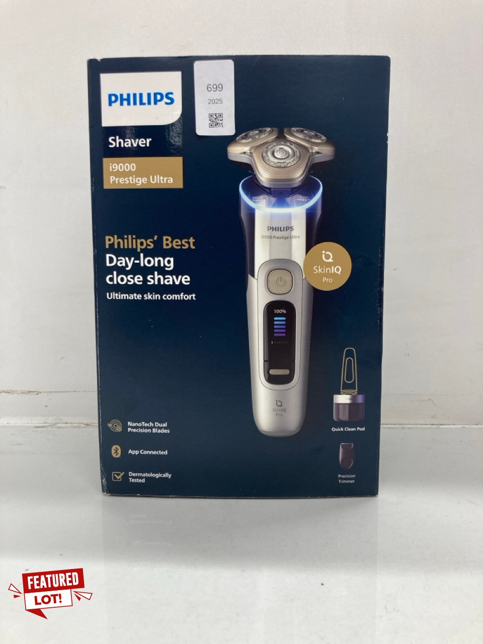 Lot 699  
            Edinburgh SR24 - Delivery Only 

                
PHILIPS SHAVER I9000 PRESTIGE ULTRA, WET & DRY ELECTRIC SHAVER, CHROME, SKIN IQ P...