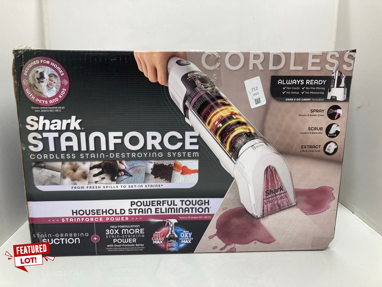 Lot 712  
            Edinburgh SR24 - Delivery Only 

                
SHARK CORDLESS STAINFORCE CLEANER RRP £170: LOCATION - G RACK